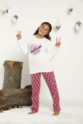 640-009 Kız Çocuk Geometrik Desenli Pijama Takımı - Thumbnail