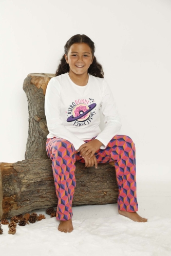 640-009 Kız Çocuk Geometrik Desenli Pijama Takımı - Thumbnail