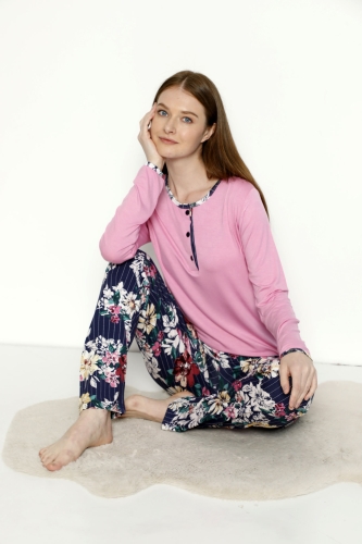 840-143 Lacivert Çizgili Çiçekli Patlı Pijama Takımı - Thumbnail
