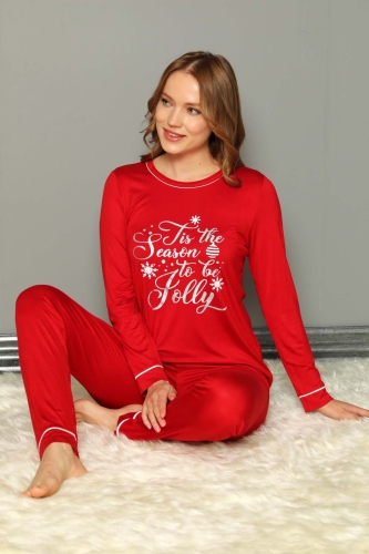 C840-133 Kırmızı Kadın Yılbaşı Temalı Viscon Pijama Takımı - Thumbnail