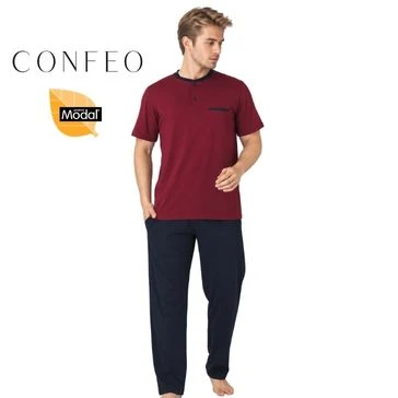 Erkek Modal Kısa Kol Patlı Pijama Takımı Bordo C940-028