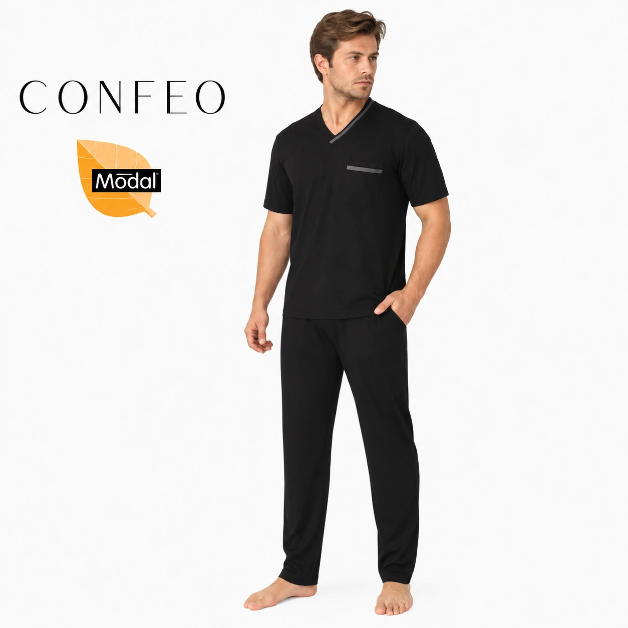 Erkek Modal Kısa Kol V Yaka Pijama Takımı Siyah C940-157