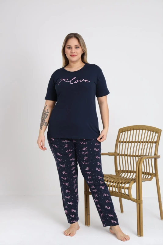 Kadın Büyük Beden Bisiklet Yaka Kısa Kol Pijama Takımı C840-952 Asortı-1