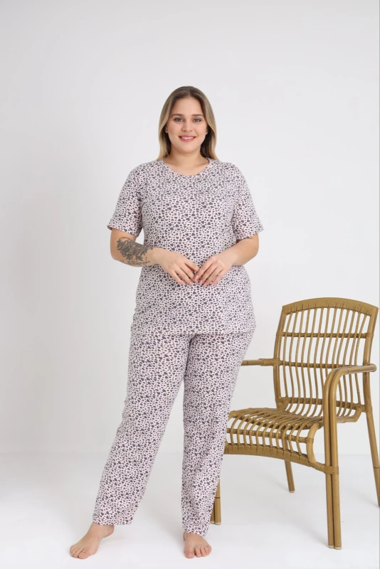 Kadın Büyük Beden Bisiklet Yaka Kısa Kol Pijama Takımı C840-952 Asortı-2